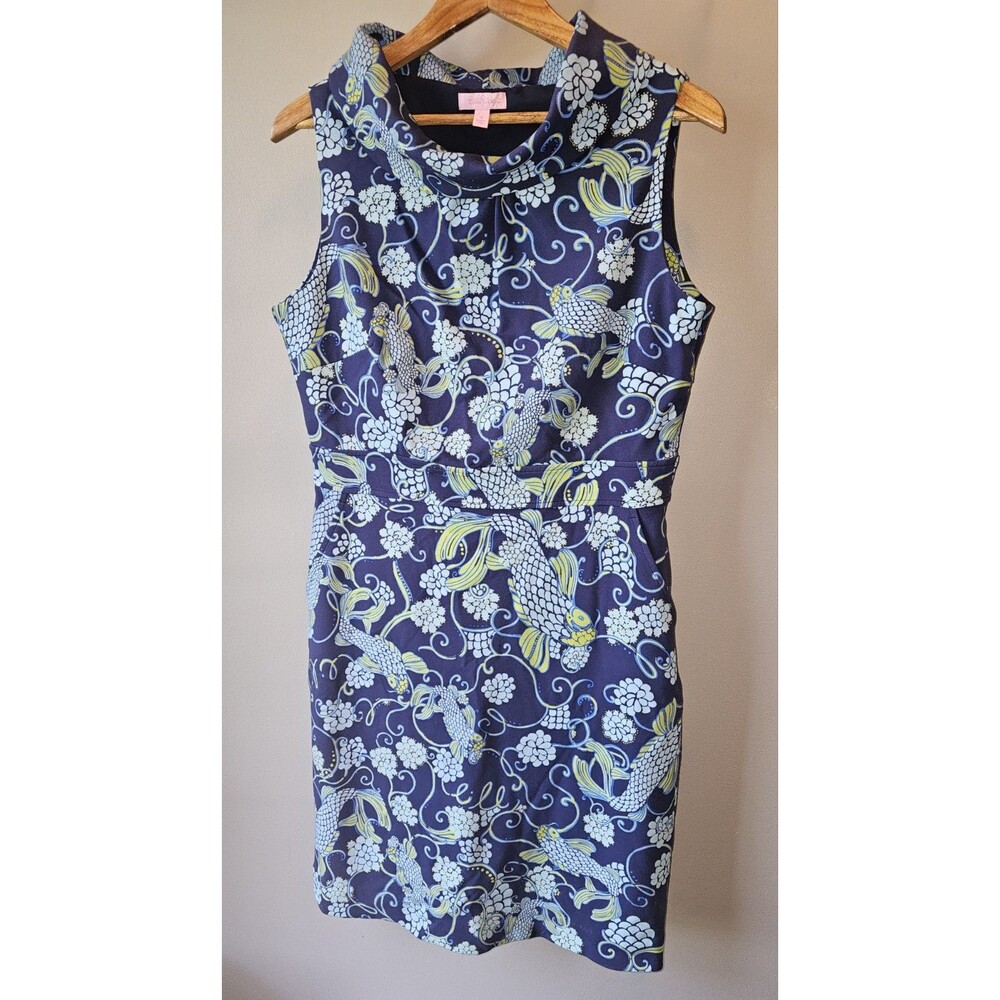 Lilly Pulitzer Pearl A-line Shift Dress Blue Koi Fish Cowl Neck Cruise Resort 12